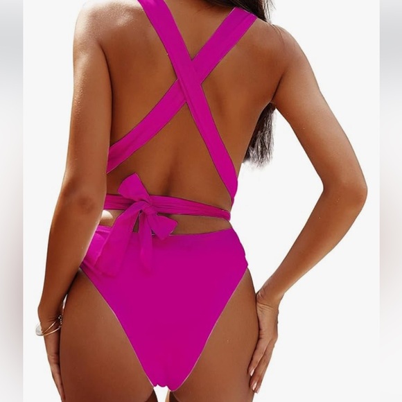 NWT Jireh Hot Pink One Piece Halter Wrap Swimsuit - Picture 5 of 7